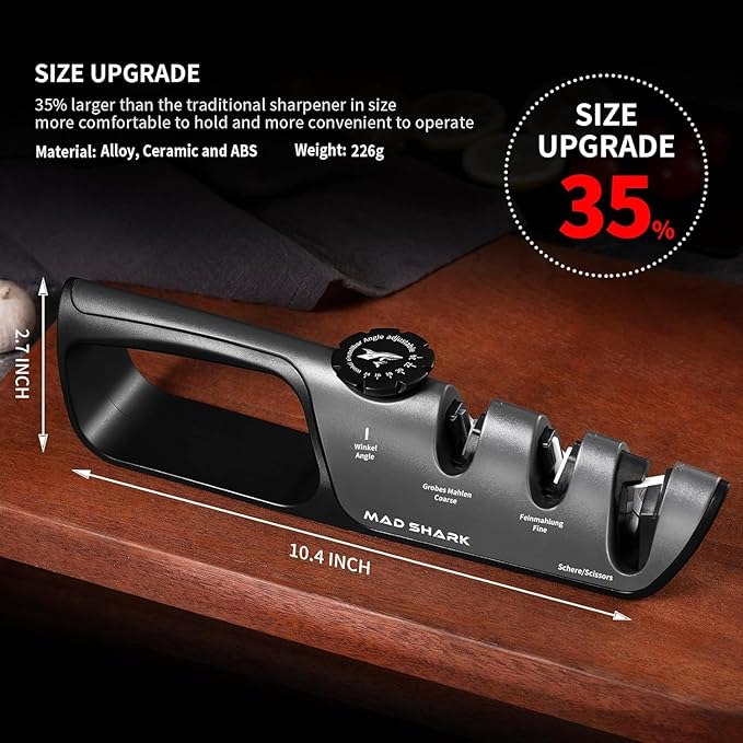 MAD SHARK Knife Sharpener, 6 Adjustable Sharpening Angle, Coarse & Fine Knife Sharpener Tool, Handheld Manual Knives Sharpener for Kitchen Knives, Pocket , Scissors, LARGE, Black