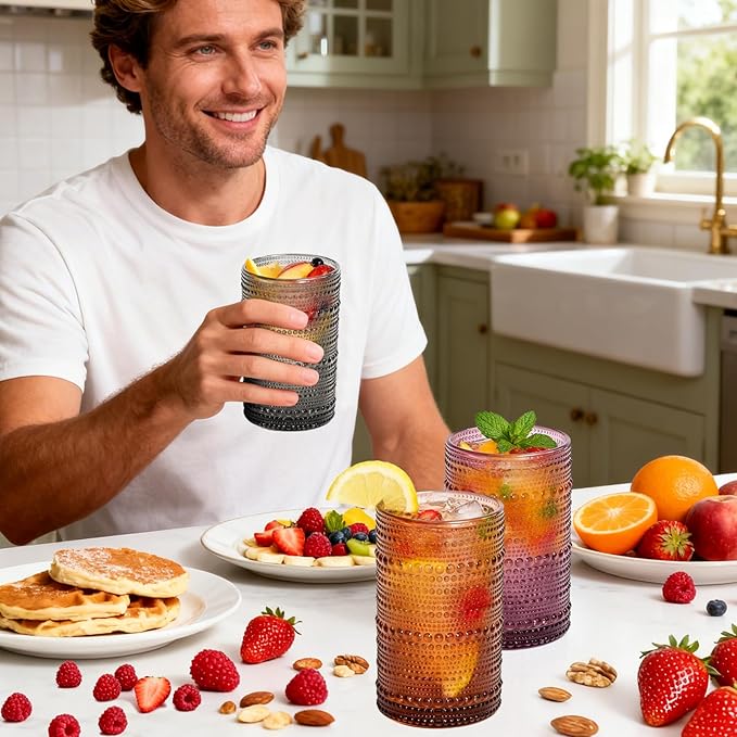 Colored Hobnail Drinking Glasses Set of 6, 12oz Vintage Kitchen Glassware, Embossed Design Water Glasses, Glass Cups, Water Tumbler for Beer, Juice, Cocktail, Whiskey, Milk
