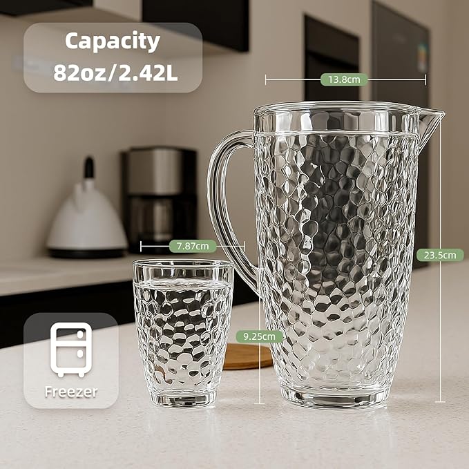 84 oz Crystal-Clear Pitcher with 4 Tumblers Set, BPA-Free Food-Grade Jug with 3-Position Lid & Spout – Large Beverage Pitcher for Party, Iced Tea, Lemonade, Sangria, Fridge – Aqua Blue