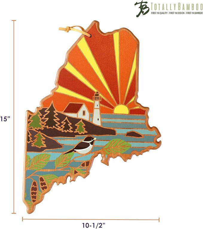 Totally Bamboo Maine State Shaped Cutting Board and Charcuterie Serving Platter with Artwork by Summer Stokes, Includes Hang Tie for Wall Display