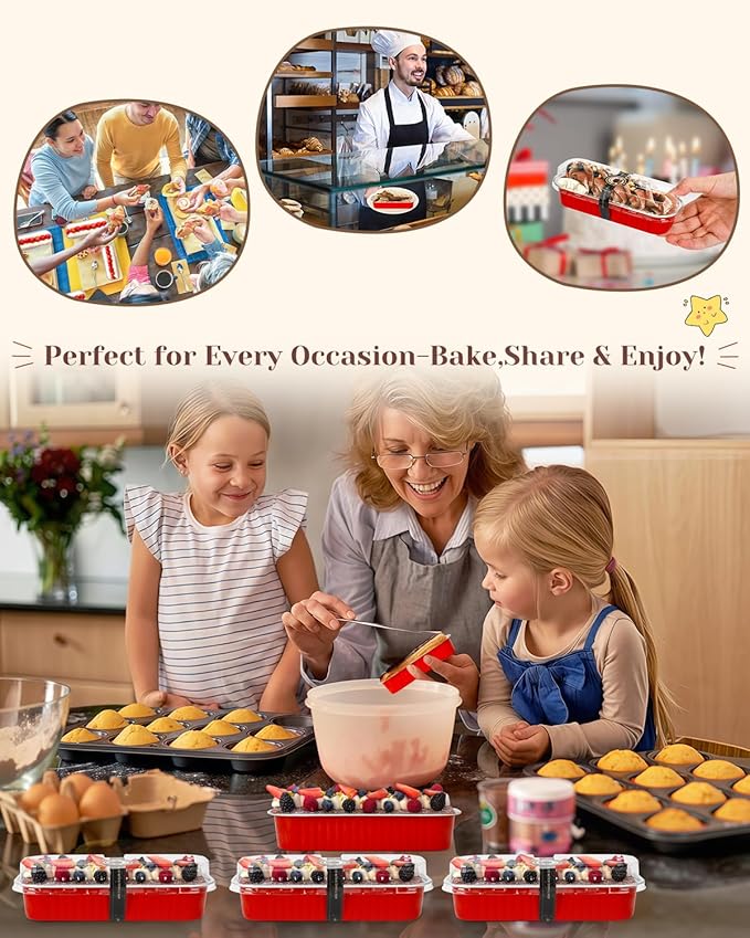 100 Pack Mini Loaf Pans with Lids and Spoons Sealing Sticker, 6.8oz Aluminum Foil Mini Cake Pans for Baking, Disposable Small Mothers Day Bread Pans with Lids โ Valentines Tins CupCake, Red