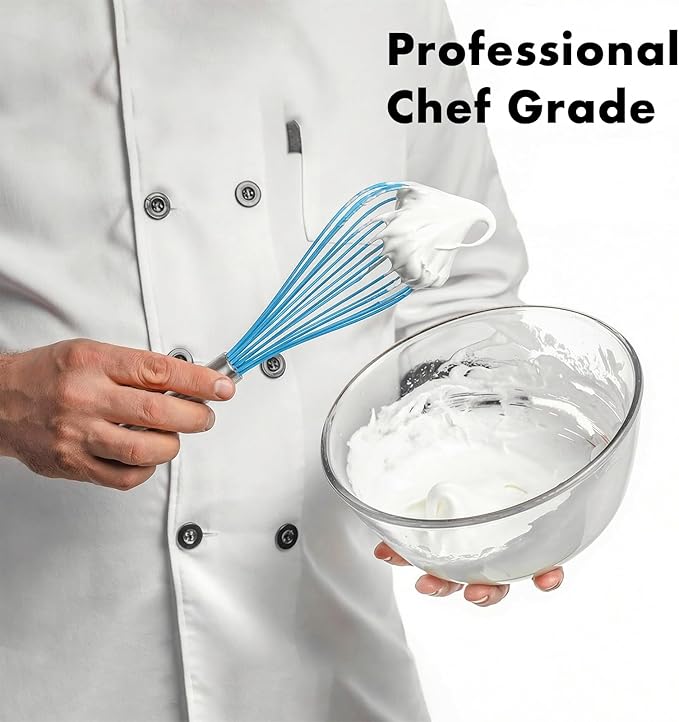 10-Inch Blue Silicone Whisk, Heat Resistant 480°F Kitchen Whisk with Stainless Steel Ergonomic Handle, Non-Scratch for Nonstick Cookware, Dishwasher Safe, Perfect for Blending, Cooking & Beating