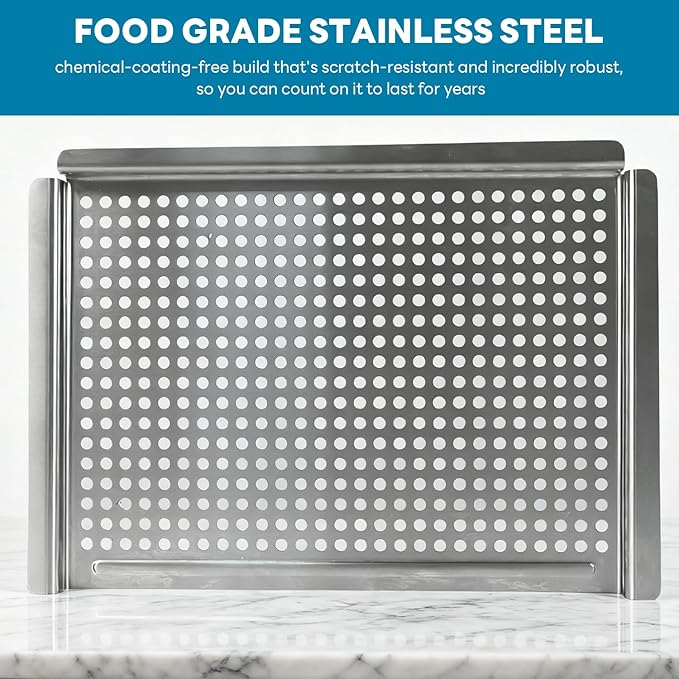 Grill pan, Grill topper for outdoor grill with hole, 17.7 * 12.6 Cooking Surface, Stainless steel grill pan for Gas Grill,camping or party (larger)