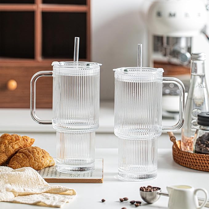 INSETLAN 24oz Ribbed Glass Tumbler with Handle & Lid – 4-Pack Large Iced Coffee Cups with Straws, Modern Glass Mug for Cold & Hot Beverages, Aesthetic Travel Cup for Smoothies, Tea, and Juice
