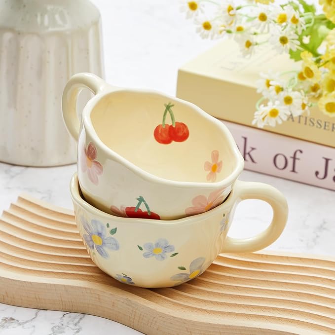Vesici 2 Pcs Ceramic Coffee Mugs with Spoon, Vintage Floral Spring Mugs with Handle, 8.5 oz Aesthetic Flower Porcelain Tea Cup Set, Dishwasher & Microwave Safe for Home Office Gift(Lovely)