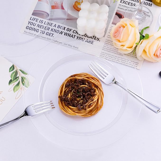 50PCS Clear Plastic Plates, Disposable Dinnerware for 25 Guests, Include 10.25 inch & 7.5 inch Dinner & Dessert Plates for Party, Wedding and Graduation