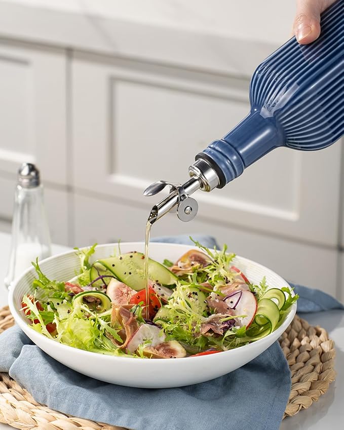 getstar 18 oz Olive Oil Dispenser Bottle for Kitchen, Ceramic Oil Bottle with Automatic Stainless Steel Pourer (Silver Pourer, Blue)