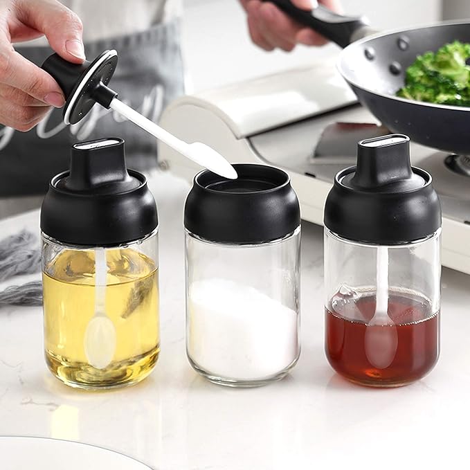 Supkiir Spice Containers Glass, 3Pcs Kitchen Glass Condiment Containers with Lids 8 oz Spice Jars, Small Spoons for Spice Jars Moisture-Proof Seasonings Container Set for Storage Spices