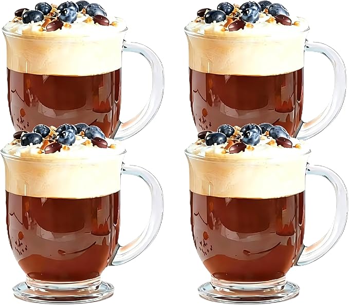 Set of 4 Clear Glass Coffee Mugs,16 OZ Large Clear Glass Beer Cups with Handle,Diner Cup for Hot Beverages,Tea, Cappuccino, Latte, Espresso, Juice Mothers