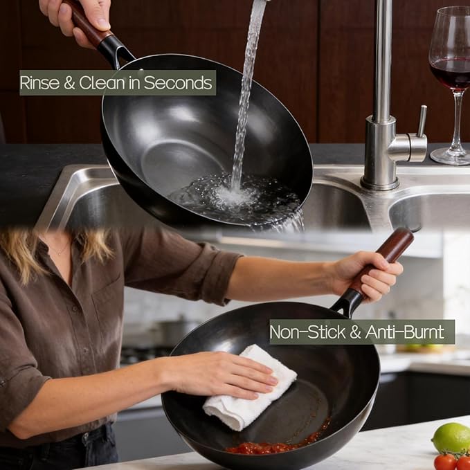 Calmabode 12" Pre-Seasoned Carbon Steel Flat Bottom Wok - Fast, Even Heating - Works on Gas, Electric & Induction - Durable Commercial-Grade - Ready-to-Use, Easy Maintenance - Toxin-Free Cooking