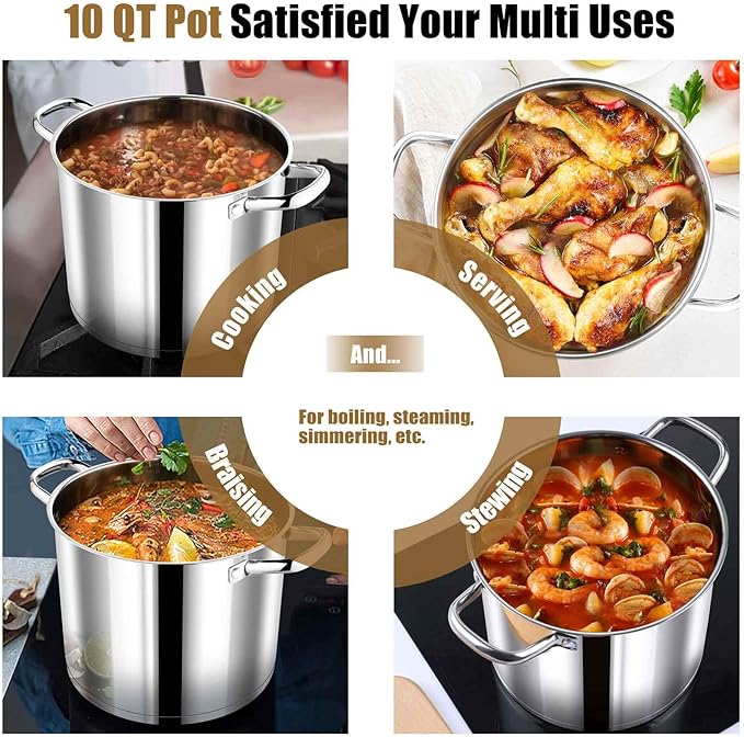 P&P CHEF 10 QT Stock Pot with Lid, Stainless Steel Large Cooking Pot, Soup Canning Stockpot for Stewing Simmering, Tri-ply Bottom for All Stoves, Heavy-Duty &Dishwasher Safe & Food-Grade