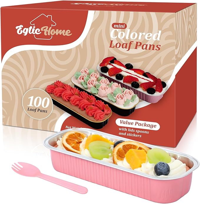 Mini Loaf Pans with Lids and Spoons (100 Pack, Pink, 6.8oz) Rectangular Aluminum Foil Baking Pans