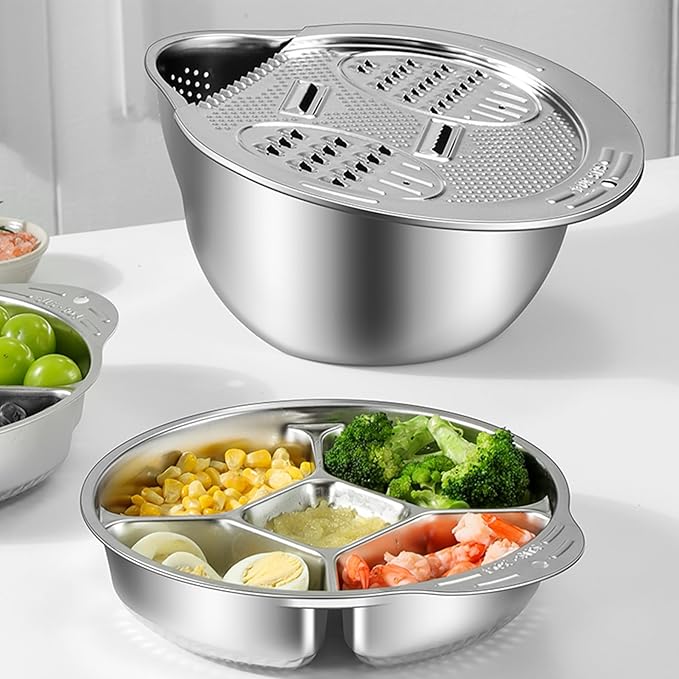Rice Washer Strainer Bowl with Vegetable Divider Tray, Stainless Steel Rinser Washing Bowl, Small Colander Rice Strainer Versatile Kitchen Tool for Quinoa, Vegetables, Fruits, Beans Cleaning