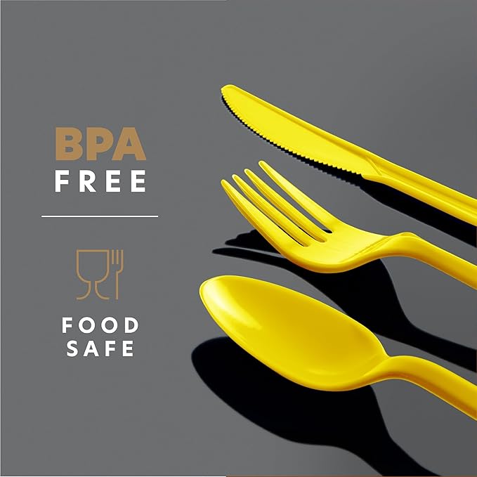 PLASTICPRO 400 Pack Disposable Plastic Utensils Assorted Colored Cutlery Combo Set Forks Spoons Knives Silverware, Yellow Plastic Cutlery for Parties