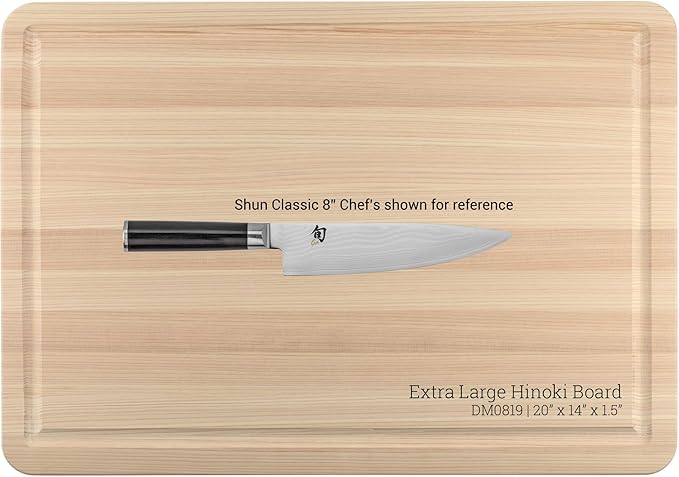 Shun Cutlery Extra Large Hinoki Cutting Board with Groove, 20" x 14" XL Wooden Cutting Board, Medium-Soft Wood Preserves Knife Edges, Forest Stewardship Council Certified, Japanese Chopping Board