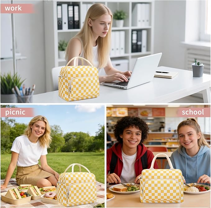 Lunch Box for Women Insulated Lunch Bag Women Adult Cute Lunch Bags Reusable Lunchbox Cooler Tote Bag for Work Picnic (Yellow-Plaid)