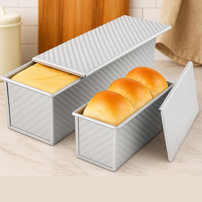 2-Pack Pullman Loaf Pan with Lid –Includes Two Size 13 by 5 & 8.4 by 4.8 Loaf Pan, Silver Textured Finish, Vented Bottom, Nonstick Bread Pan Set, Ideal for Sandwich Bread, Toast, Sourdough