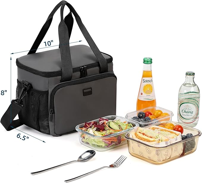 ZEEMO Insulated Lunch Bag for Men Women, Cooler with Adjustable Shoulder Strap, Leakproof Box for Work, Picnic, Medium Size, Grey