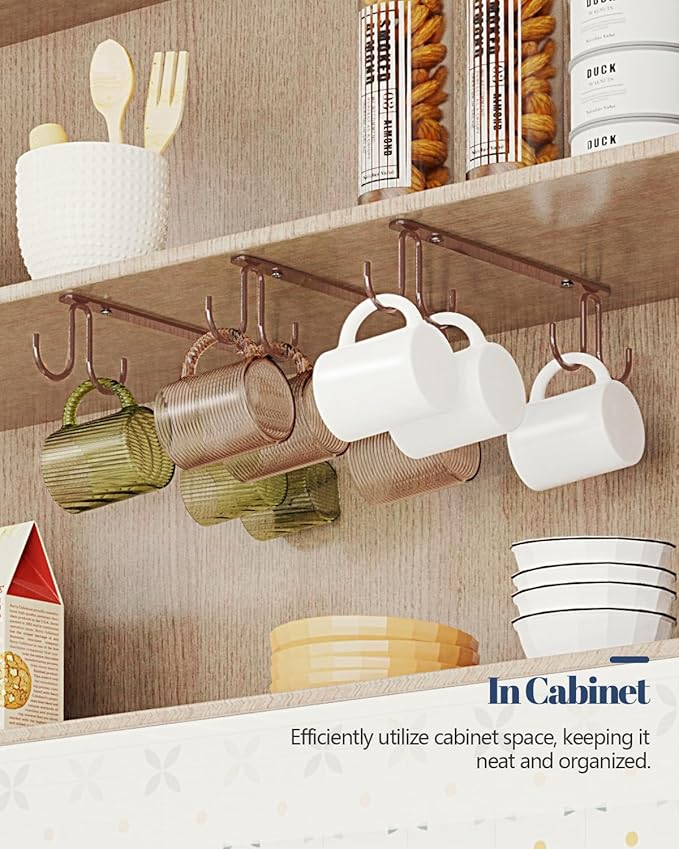 Mug Hooks Under Cabinet 3 Pack, Coffee Cup Hooks for Hanging Under Shelf, Mug Organizer Rack with 12 Hooks for Displaying Mugs, Coffee Cups and Kitchen Utensils, Brown