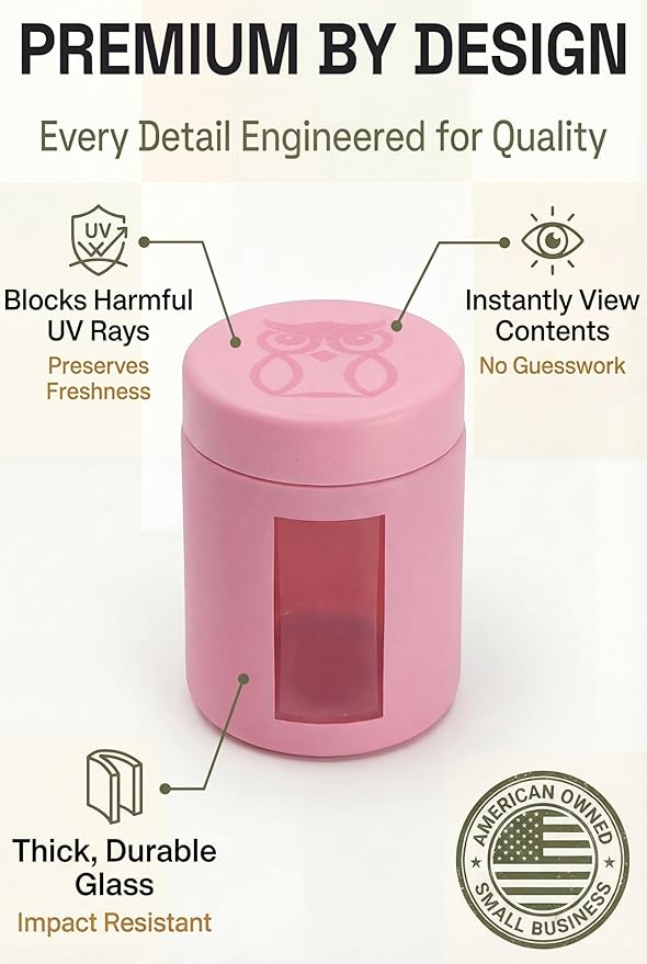 Treehouse Smell Proof Containers (120mL), Jars with Airtight Lids for Herbs, Spices, Coffee and Tea, Air Tight Glass Storage Jars with UV Protection Glass, (Set of 4) (Matte Pink)