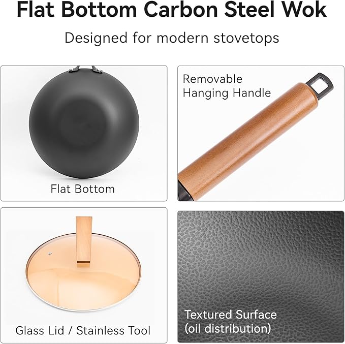 WANGYUANJI 12.6" Carbon Steel Wok with Glass Lid & Detachable Wood Handle, Heavy Duty Thick Gauge Flat Bottom Wok Pan for Induction, Gas & Electric Stoves, Unseasoned Asian Stir Fry Pan