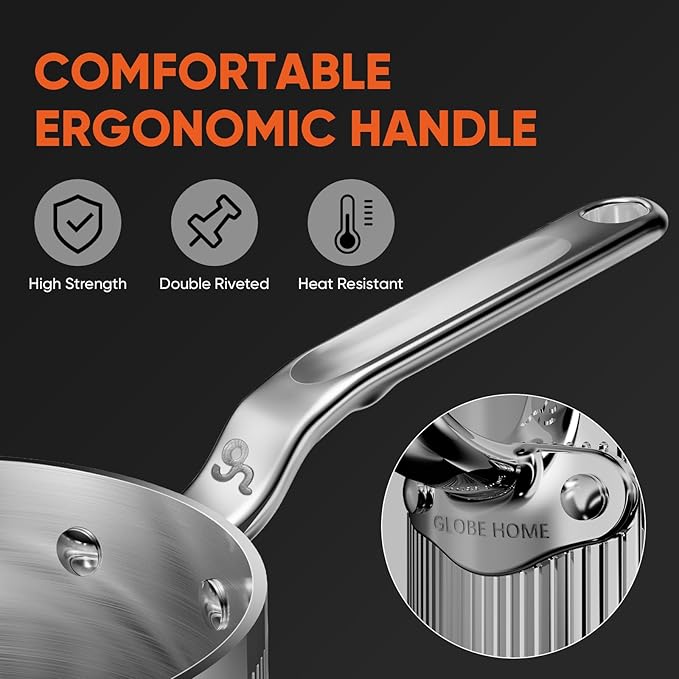 2 Quart Stainless Steel Sauce Pan with Lid, 5-Ply SaucePan Even Heating with Stay-Cool Handle, Professional Cookware for Induction, All Stoves, Oven and Dishwasher Safe