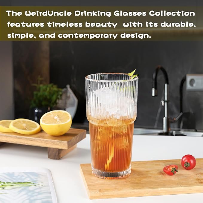 Set of 6 Oversize Ribbed Glassware, 20oz Vintage Clear Glass Tumbler, Large capacity, Origami Style, Fluted Design, Ideal for Water, Iced Coffee, Beer, Tea, Latte, Housewarming Gift (Large)