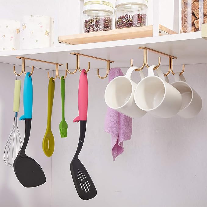 Mug Rack Under Cabinet - Coffee Cup Holder, 8 Mugs Hooks Under Shelf, Display Hanging Cups Drying Hook for Bar Kitchen Utensils Gold