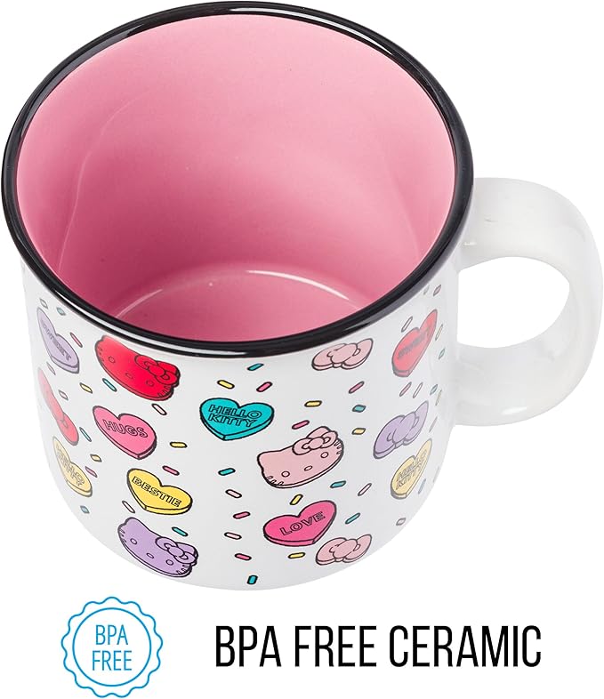 Silver Buffalo Sanrio Hello Kitty Valentine Candy Hearts And Bows Love and Bestie Pattern Ceramic Camper Mug, 20 Ounces