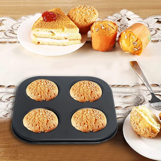 EKDJKK 4-Hole Muffin Pan, Bakeware Non-stick Cupcake Baking Pan Mini Pie Pans, Heavy Duty Carbon Steel Muffin Tray Standard Baking Mold Pan for Oven Baking