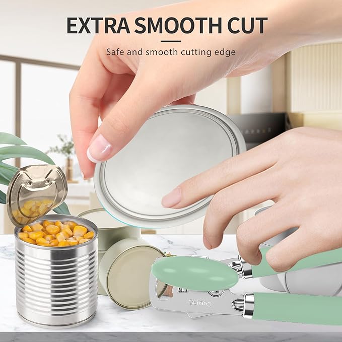 Can Opener Manual, Heavy Duty Stainless Steel Smooth Edge Can Opener With Soft Touch Handle, Oversized Handheld Easy Turn Knob, Multi-Function Bottle Opener, Mint