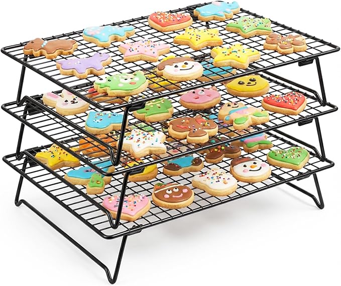 3PCS Stackable Cooling Rack for Baking, 13.3 x 9.3 Inch Carbon Steel Wire Rack with Folding Legs for Cookie Cake Pizza Jerky, Multi-Use Bread Oven Racks for Cooking Roasting Drying Grilling