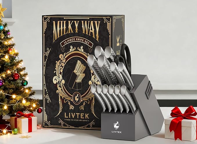 Livtek Kitchen Knife Set with Block: 15-Piece German Stainless Steel with Dual Sharpener for Cook Enthusiasts - Covers 95% Kitchen Tasks - Silver Full-Tang Ergonomic Handle, Dishwasher Safe, Gift Box