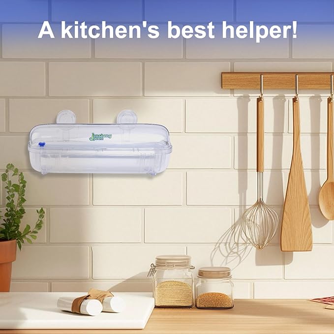 Kitchen Food Preservation Storage Set Reusable Dispenser - Nail-Free Wall Mounting/Countertop Use Cutting Box - Includes 1 Roll of Food-Grade PE Plastic Wrap 12 inch x 492 ft
