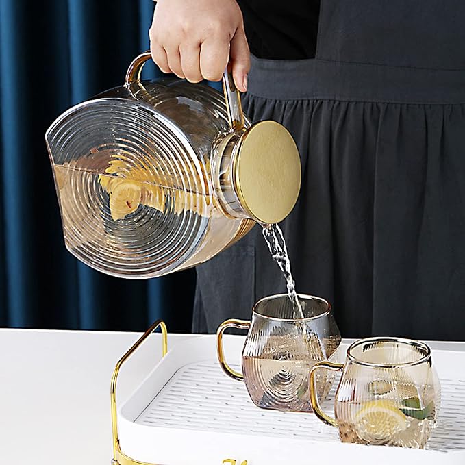 77oz Glass Water Pitcher with Gold Lid - 2.2L Large Capacity Jug with Wide Handle for Fridge, Iced Tea, Lemonade, Juice & Coffee