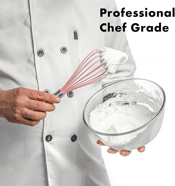 10-Inch Pink Silicone Whisk, Heat Resistant 480°F Kitchen Whisk with Stainless Steel Ergonomic Handle, Non-Scratch for Nonstick Cookware, Dishwasher Safe, Perfect for Blending, Cooking & Beating