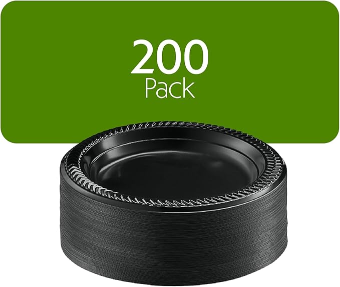PLASTICPRO 200 PCS Black Plastic Plates Light Weight 7 Inch Plastic Dinner Dessert Appetizer Plates Black Plates Disposable for Party and Wedding
