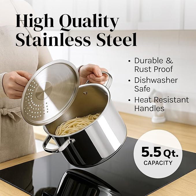 Stainless Steel Pasta Pot with Strainer Lid - 5.5 Qt Large Capacity Spaghetti Pot with Twist Lock Lid - Deep Cooking and Stock Pots for Boiling, Dishwasher Safe By Cooler Concepts