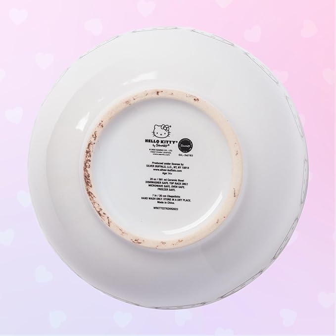 Silver Buffalo Sanrio Hello Kitty Face with Different Color Bows Pattern Ceramic Ramen Noodle Rice Bowl with Chopsticks, Microwave Safe, 20 Ounces