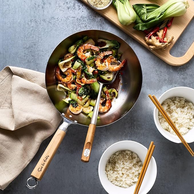 Sur La Table 12" Carbon-Steel Wok, Flat Bottom Pan for High-Heat Cooking – Ideal for Deep-Frying, Steaming, and Stir-Frying– Lightweight, Fast Heating