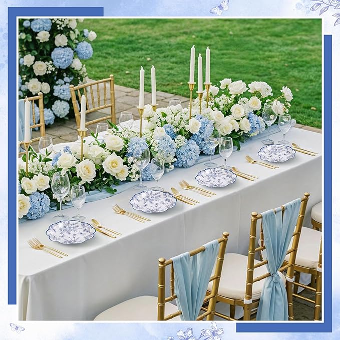 30 Pcs Blue Floral Paper Plates, 7 Inch Tea Party Plates Vintage Chinoiserie Flower Plate Disposable Blue and White Dessert Plate for Spring Garden Party Baby & Bridal Shower Birthday Wedding