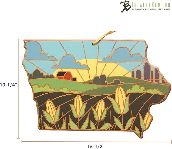 Totally Bamboo Iowa State Shaped Cutting Board and Charcuterie Serving Platter with Artwork by Summer Stokes, Includes Hang Tie for Wall Display