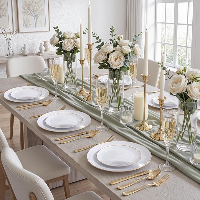 KIRE 100PCS Disposable Plates - White with Gold Rim for Easter/Wedding/Spring Party- Includes 50Pieces 10.25inch Dinner and 50Pieces 7.5inch Dessert/Salad Plates