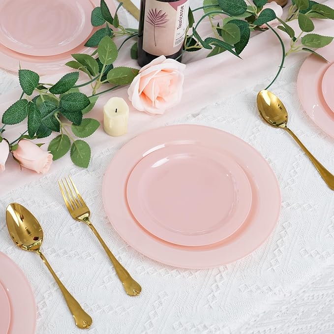 Moretoes 200PCS Pink Plastic Plates Disposable 10inch Dinner Plates and 7inch Dessert Salad Plates Heavy Duty Plates for Wedding Party and Birthday