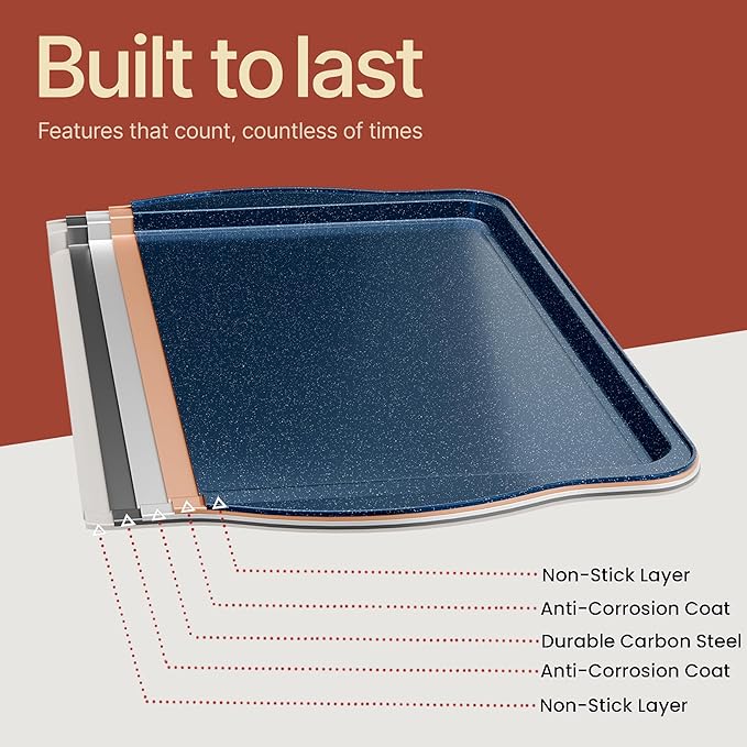 BAKKEN Kitchen Baking Pan Set - Nonstick Coating, Commercial Grade Carbon Steel Bakeware Sets, Baking Kitchen Essentials, PFOA, PFOS, PTFE Free, Oven Safe Tray (Up To 450° F), Set of 3, Blue Marble
