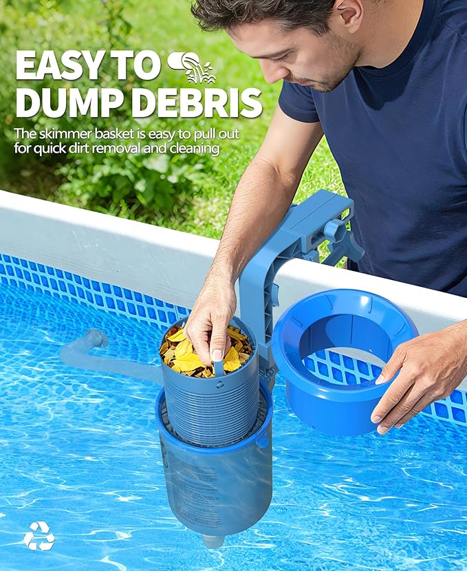 Upgrade Above Ground Pool Skimmer Comes with 3 Socks, Anti-tilt Wall Mount Surface Skimmer, Removable Skimmer Basket, Adjustable Height Bracket, Auto Skimming Pool Surface Leaves - Blue