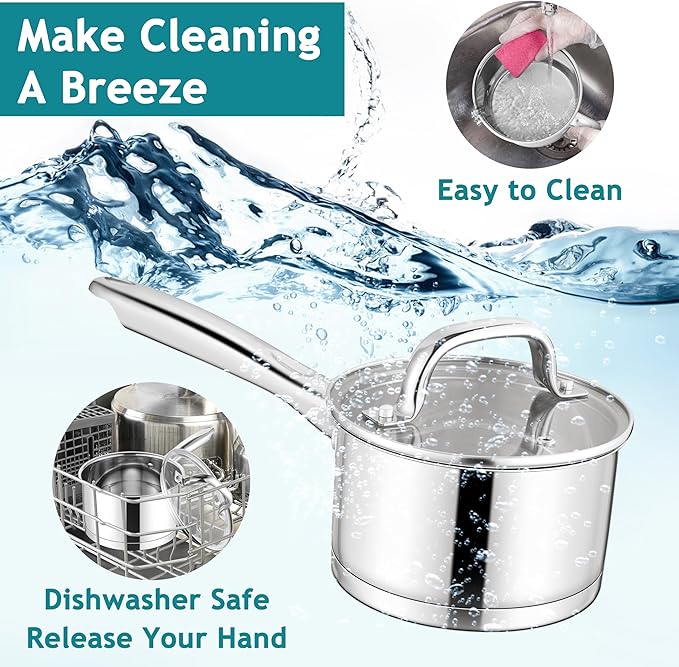 E-far Stainless Steel Saucepan with Lid Set - 1QT & 2QT &3QT, Triply Sauce Pan Induction Pot for Cooking, Boiling, Compatible with All Stoves, Visible Lid, Healthy & Non Toxic, Oven & Dishwasher Safe