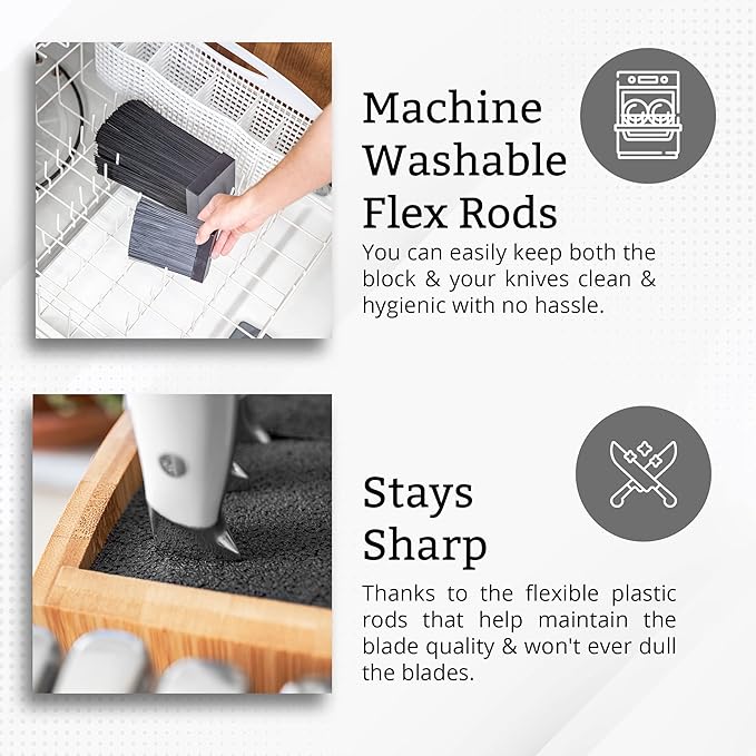 EVOLVE Bamboo Knife Block - Universal Kitchen Knife Holder - Safe & Space Saver Knife Storage that Covers Knife Blades Up To 9” & Holds Up To 20 Knives with Machine Washable & BPA Free Flex Rods.