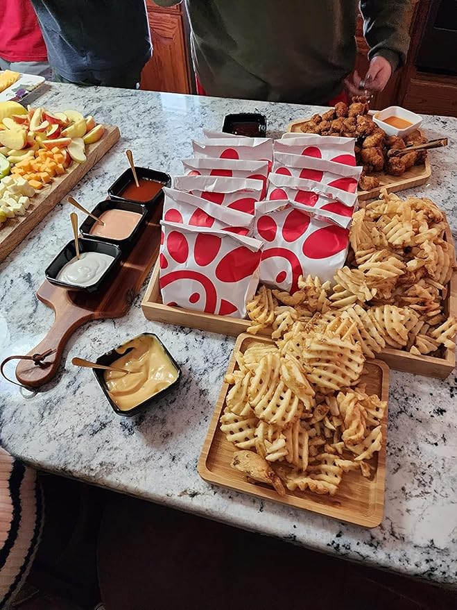 Bamboo Serving Trays Charcuterie Platter 16.5"x11.8"(42x30cm with Handle, Set Includes 1xHexagon 12.5"(32cm)+1xSquare 7.8"(20cm)+1xSquare 5.9"(15cm) Small Plates for Family Dinner