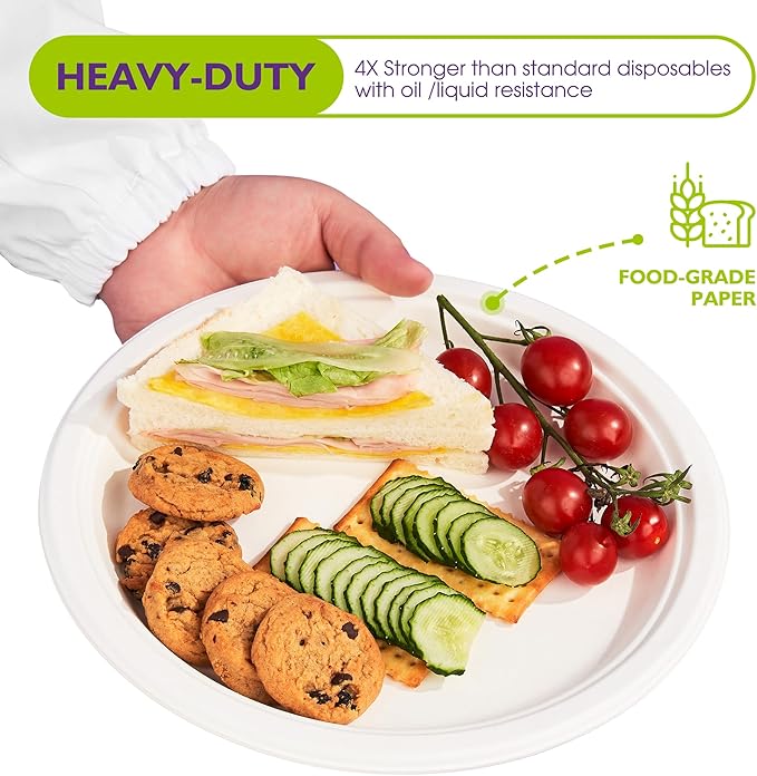 Compostable Paper Plates 10 Inch 150 Pack, Biodegradable Disposable Plates Heavy Duty White Plates, Made of Natural Sugarcane Bagasse, Unbleached Round Dinner Plates